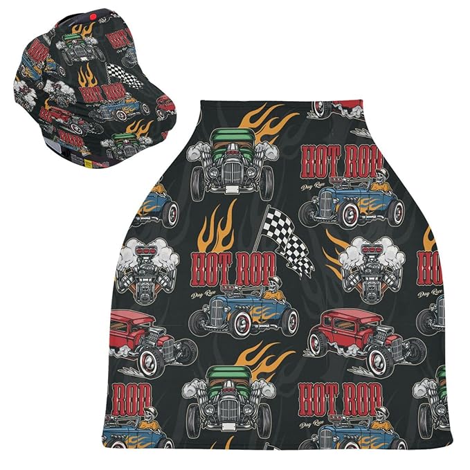 Hot Rod Baseball Racing Car Baby Car Seat Covers Checkered Flag Carseat Canopy Soft Infant Stroller Cover Nursing Breastfeeding Covers for Girls Boys Newborn Fit Summer Spring Autumn