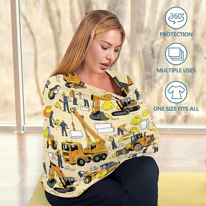 Construction Car Building People Pattern Stretchy Baby Car Seat Cover Infant Canopy Nursing Covers Breastfeeding Cover Breathable Windproof Winter Scarf for Boys Girls