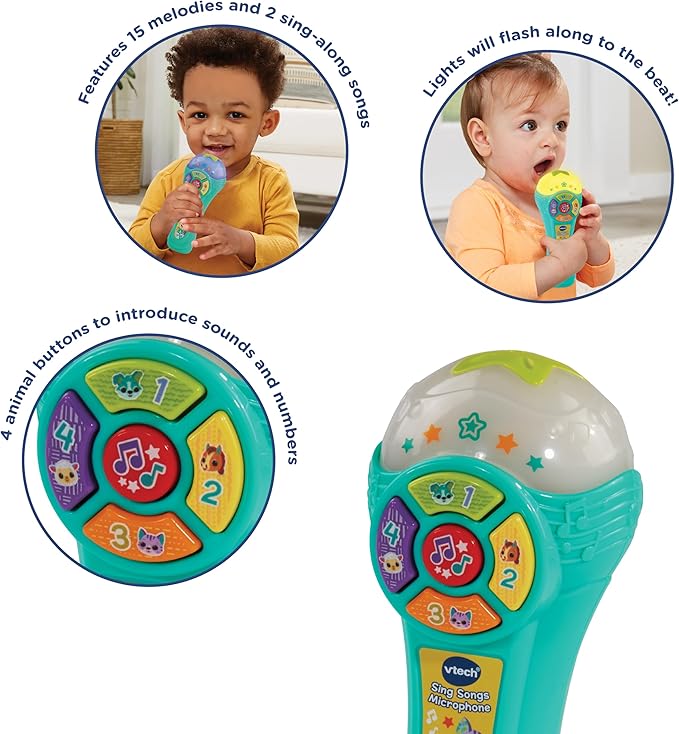 VTech Baby Sing Songs Microphone, Interactive Microphone Toy with 4 Buttons for Animals, Sounds & Numbers, Flashing Lights & Music, Music Toy for Babies 12, 18, 24 Months +, English Version