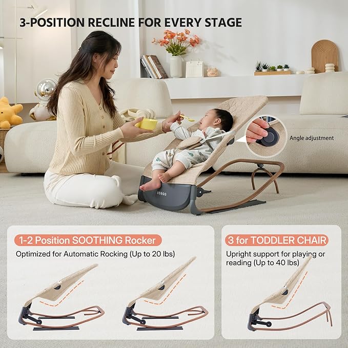 VaVaSoo Electric Baby Rocker to Toddler Chair, Automatic Motion with Smart Touch-Start, 3-Level Recline & 8 Melodies, Portable Infant Seat up to 40lbs, ASTM Certified (Battery Type-C Powered)
