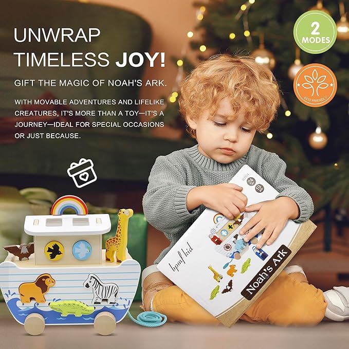 bpmfkid Noah's Ark Wooden Toy Set, Educational Wooden Animal Toys for Toddlers, Montessori Shape Sorter Educational Toys, Bible Story Engagement & Perfect Baptism, Christening Gift for 2-4 Y
