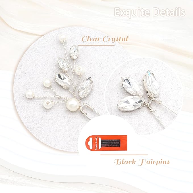 Oriamour Bridal Hair Pins 6 Pcs Rhinestone Wedding Hair Accessories Pearl Crystal Bobby Bridal Hair Clips Jewelry Bridal Hair Accessories for Brides Bridesmaids Flower Women Girls (Silver, 3.5'')