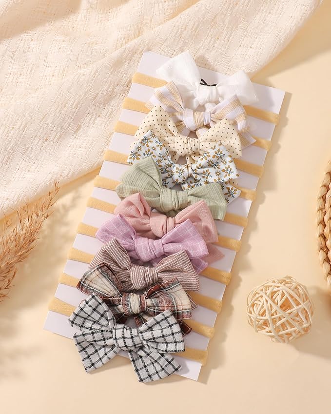 doboi 10PCS Baby Girls Headbands Hair Bows Nylon Cotton Linen Hairbands Fine Handmade Hair Accessories for Newborn Infant Toddlers Little Girls-Solid Plaid Stripe and Flowers