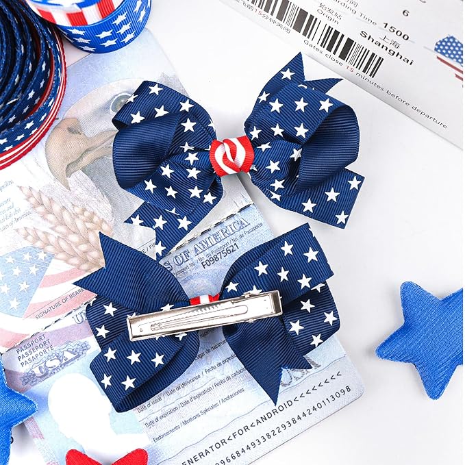 YanJie 2pcs 4th of July Hair Clips 4'' Navy Blue Bow White Stars Baby Girls Clip American Flag Hair Bow Patriotic Accessories Independence Day
