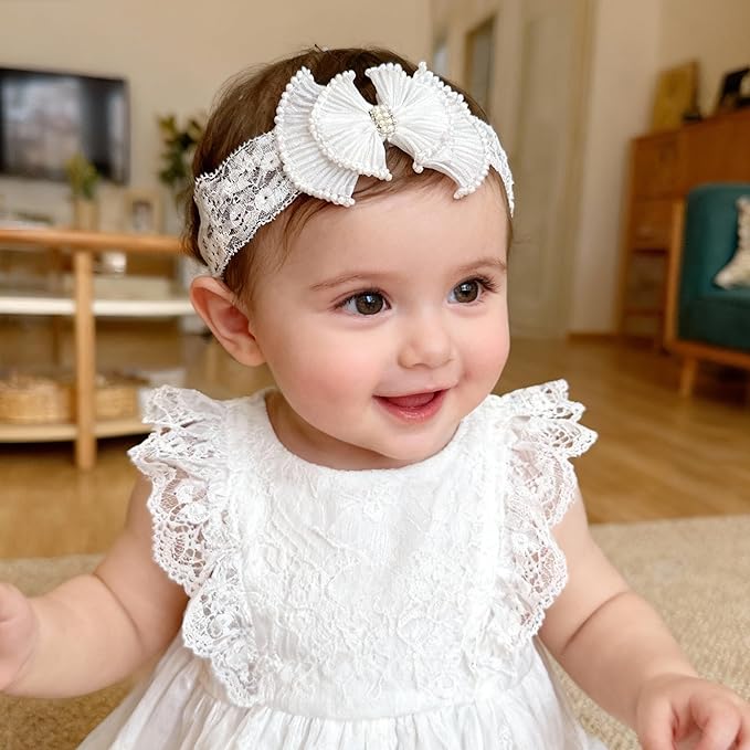Baby Girls Headband White Bow Lace Headbands Soft Elastic Bowknot Hairbands Cute Hair Accessory for Newborn Kids Infant Toddler Baptism Birthday Party (Wide Lace)