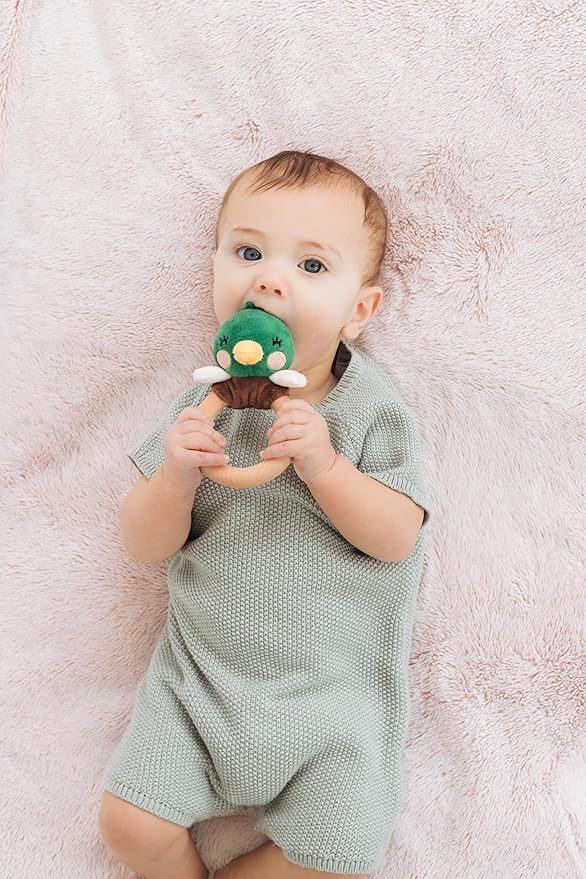 Pearhead Mallard Duck Wooden Baby Teether – Soft Plush Lovey with Natural Wood Rattle Ring, BPA & PVC-Free, Soothes Infant Gums, Multi-Sensory Newborn Essential for Boys, 0+ Months