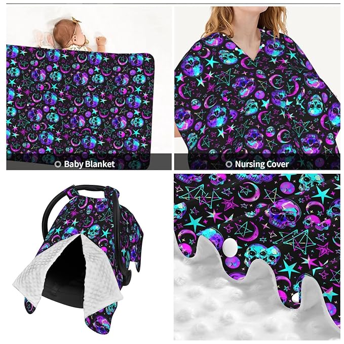Neon Pastel Goth Skull Baby Car Seat Canopy and Nursing Cover for Breastfeeding Multi-Use Cover Lightweight Infant Stretchy Carrier Carseat Winter Cover for Newborn Girls Boys