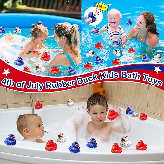 24 Pack 2'' Patriotic Rubber Ducks with Cards 4th of July Party Favors 250th Anniversary Baby Bath Toys Mini Duck Squeeze Squeak Summer Beach Pool Fourth July Supplies Red White Blue Gift Memorial Day