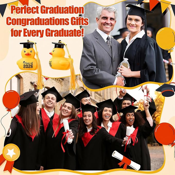 Yaomiao 24 Set Graduation Rubber Ducks with Grad Cap Bulk Class of 2026 Graduation Decorations with Card and White Organza Grad Rubber Ducks Gifts for Pool Swimming Party Favors