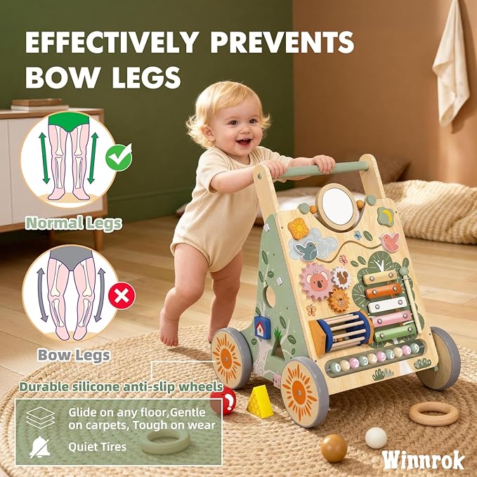 Wooden Baby Walker with Wheels, Speed & Height Adjustable, Baby Push Walker for 6-12 18 Months Boys Girls, Montessori Walker Easter Toy for 1 Year Old, Learning to Walk & Sit-to-Stand Activity Center