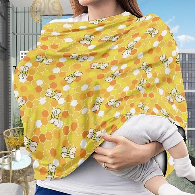 Forchrinse Cartoon Bee Nursing Breastfeeding Cover for Newborn,Multi-Use Baby Car Seat Cover Canopy Shopping Cart Cover High Chair Cover Washable
