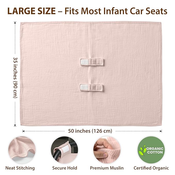 100% Organic Muslin Cotton Car Seat Cover 35 x 50 Inches Soft Touch Breathable Canopy, Protective Car Seat Cover Baby All Seasons Lightweight Car Seat Cover Travel Comfort (Pink)