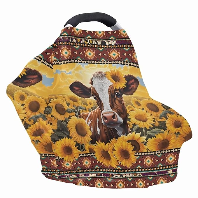 AFPANQZ Stretchy Baby Car Seat Nursing Breastfeeding Cover Breathable Multiuse Infant Carseat Canopy Stroller Cover Scarf for All Seasons Girl Boy Baby Cow Sunflower Yellow