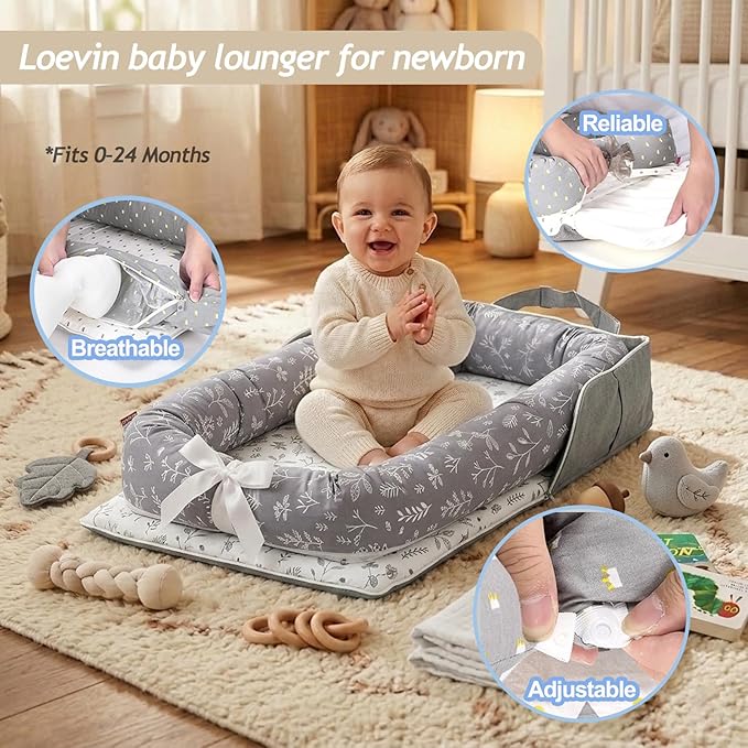 Baby Lounger for Newborn Portable Bag,Baby Play Mat Tummy Time with Strap,Awake-Time Pad Newborn Lounger Adjustable to 0-24 Months Home Travel(Calm Sprig)