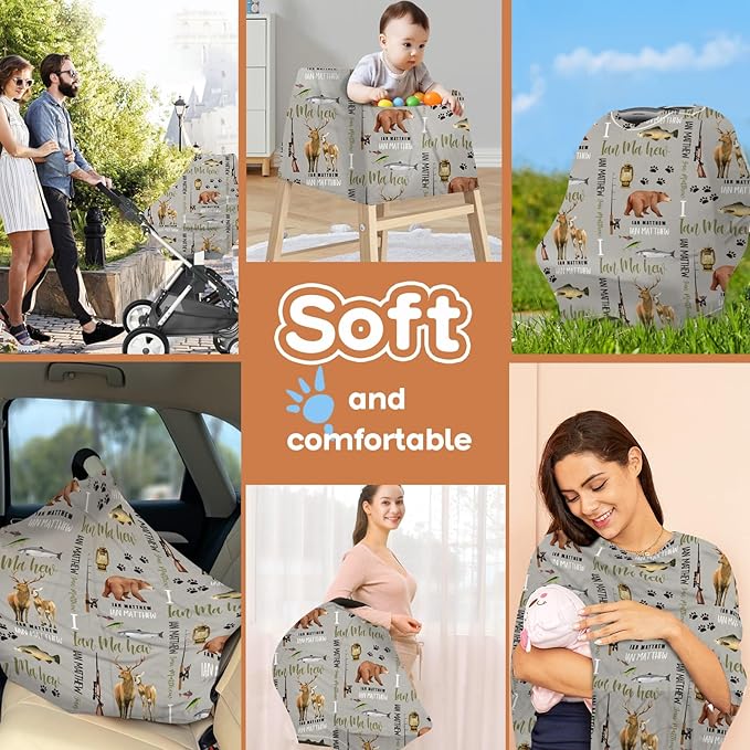 Personalized Baby Car Seat Cover Stroller Canopy: Custom Name Newborn Baby Boy Girl Elastic Animals Nursing Cover for Moms First Birthday Gift Hunting Fishing(one Size)