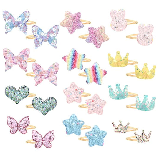 obeoby 24 Pack Toddler Hair Clips for Girls, Star Crown Butterfly Shaped Glitter Hair Barrettes Metal Snap Hair Clips Hair Accessories for Baby Girls Kids Holiday Birthday Gifts