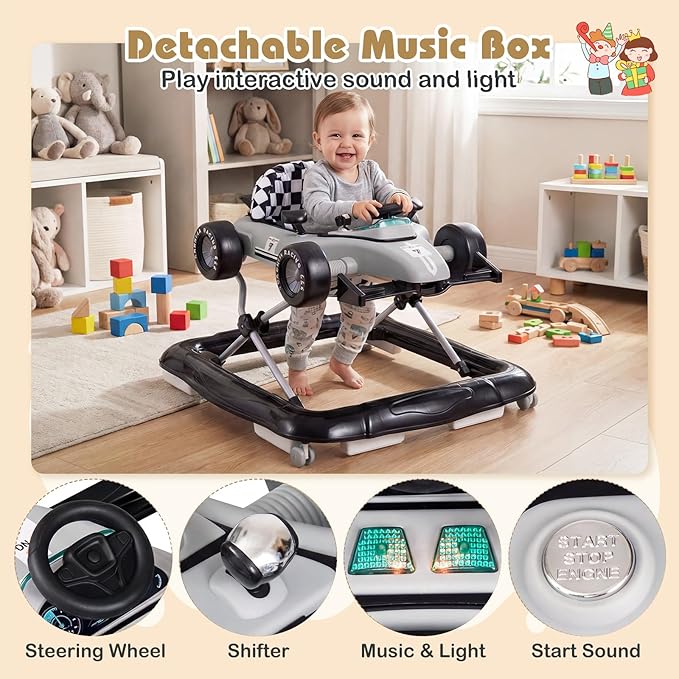 BABY JOY 4-in-1 Baby Walker, Foldable Activity Walker with Push Mode, Adjustable Height, Lights, Anti-Rollover, Baby Walker with Wheels for Boys Girls 6-18 Months (Gray)