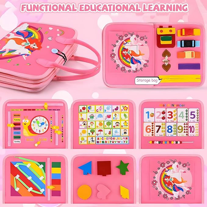 Busy Board for Toddlers 1-3 Sensory Busy Book for 1+ Year Old Boys Girls Montessori Learning Activity Books Birthday Christmas Toddler Gift (Pink)