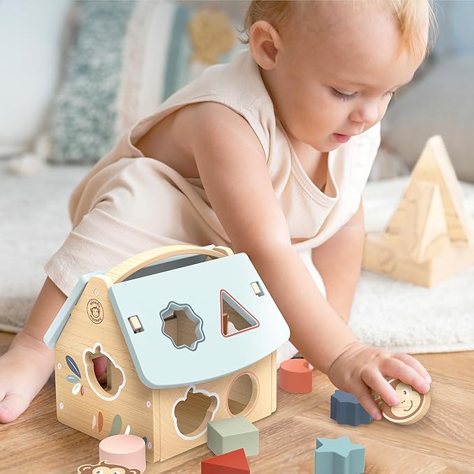 Speedy Monkey House Shape Sorter with 8 Blocks, Fun Colors, Shapes, Monkey Character, Wooden Toy, Non-Toxic Paint, Enhances Learning, Ideal for Kids