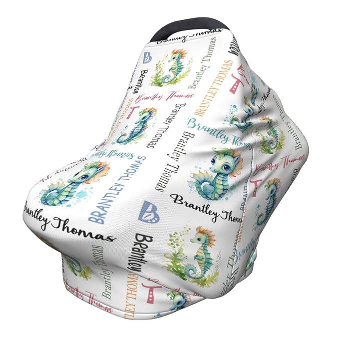 Personalized Baby Car Seat Cover with Name Stroller Canopy Custom Seahorse Carseat Cover Newborn Baby Boy Girl Nursing Cover for Moms First Birthday Gift