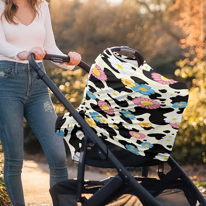 LedBack Floral Stretchy Car Seat Cover for Babies,Nursing Cover Breastfeeding Cover,Soft Breathable Cow Print Baby Carseat Canopy Nursing Breastfeeding Cover