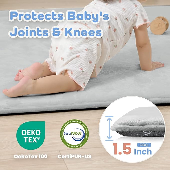 1.5" Thick Baby Play Mat for Floor, 79x79 Playpen Mat, Pro Soft Flannel Foam Mats Toddler Infant Kids Crawling for Nursery Rug Playroom Living Room Waterproof Easy Care Non-Slip (Light Grey)