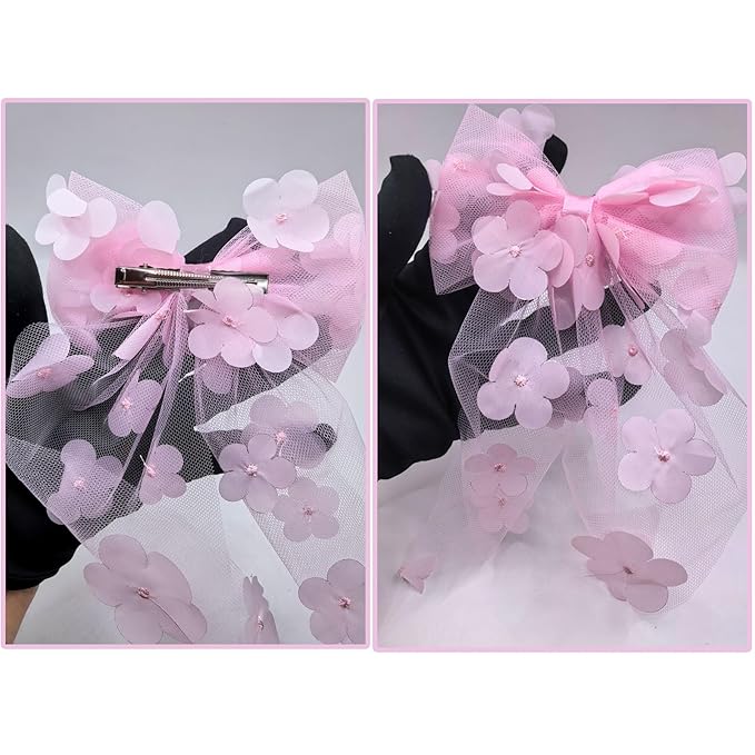 Pink Flower Bow Hair Clip - Mesh Tulle Floral Hair Bow Clips Summer Hair Accessory for Women Girls Bridal Wedding Hair Ornament, Bridesmaid Party Headpiece, Elegant Hairpin for Daily Styling