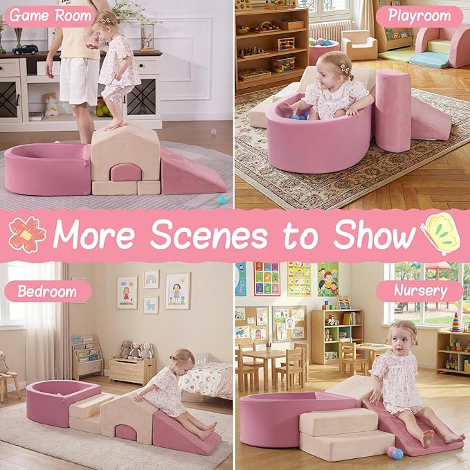 5-Piece Foam Climbing Blocks for Toddlers 1-3,Mini House-Shaped Soft Play Set with Ball Pit,Infant Crawling and Tumbling Play Gym with Ramp and Play Mat,Aesthetic Room Decor,Pink & Beige