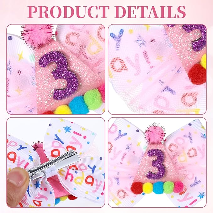 2Pcs Birthday Hair Bow for Baby Girls 1 2 3 4 5 6 Years, Pink Confetti Ice Cream Party Decorations, Sparkling Bows Hair Accessories for 3rd Birthday