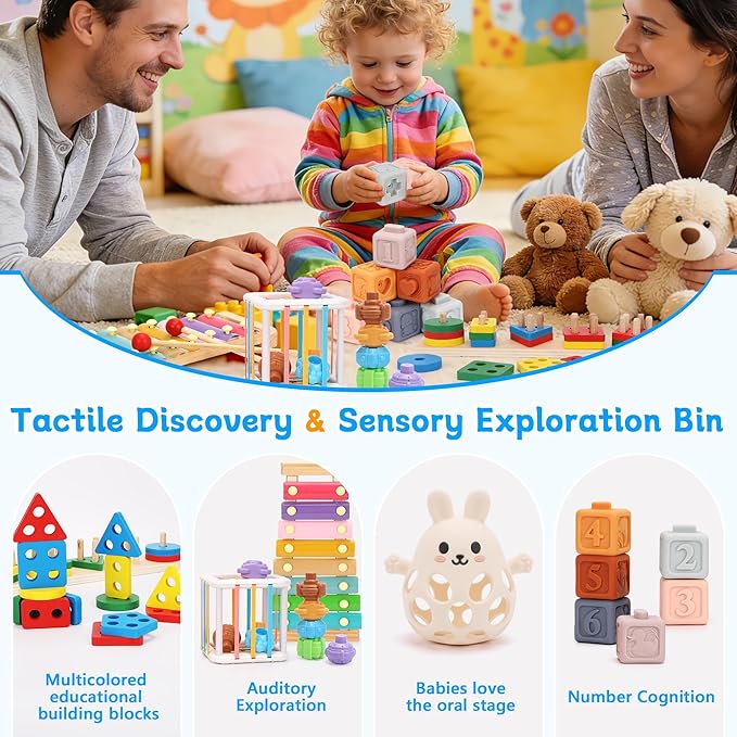 Baby Toys for 6-18 Months, 5-in-1 Montessori Educational Toy Set with Soft Teething Toy Stacking Blocks Rings Sensory Bin, Sorting Sensory Educational Learning Gift for Toddlers Aged 1-3