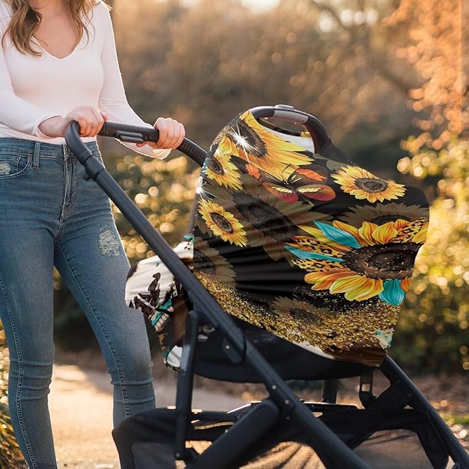 Wanyint Sunflower Cow Print Car Seat Covers Canopy Covers for Babies,Added Privacy for Breastfeeding,Baby Car Seat,Breathable Nursing Cover for Carrier Stroller