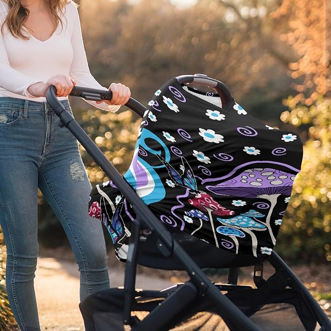 Mushroom Butterfly Daisy Print Baby Carseat Cover Multi Stroller Canopy,Comfortable Privacy Nursing Breastfeeding Cover Scarf for Family
