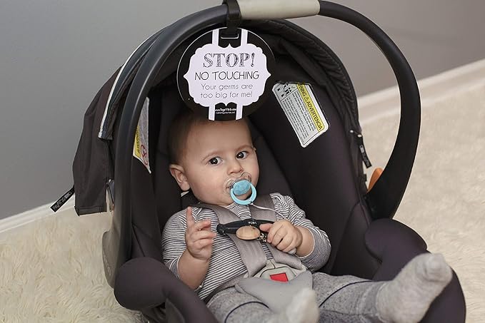 (Three Little Tots) No Touching Baby Car Seat and Stroller Two Pack- Baby Safety No Touching Car Seat Sign, Stroller Sign, Newborn Car Seat Tag- CPSIA Safety Tested (Eucalyptus/Black & White)