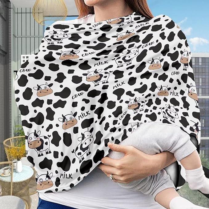 AFPANQZ Milk Cow Print Nursing Cover Breastfeeding Scarf Baby Car Seat Covers Infant Stroller Cover Carseat Canopy for Girls and Boys White Black Breathable Stroller Canopies