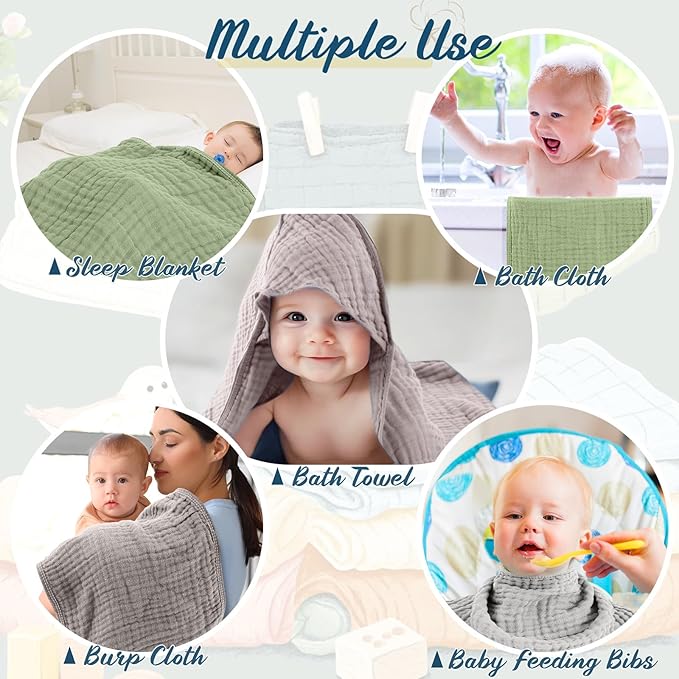 VitalCozy 8 Pcs Baby Muslin Hooded Bath Towels and Washcloths, Muslin Hooded Baby Towels Absorbent Blankets for Gift Newborn Infant Shower (Morandi Color)