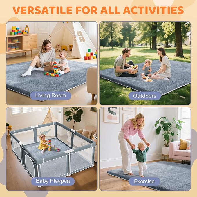 Omzer Baby Play Mat for Floor - 1.3" Thick Foam 74x50 Inch Playpen Mats with Removable & Washable Cover for Tummy Time, Soft Coral Velvet & Non-Slip Crawling Pad for Babies, Toddlers, Infants - Grey