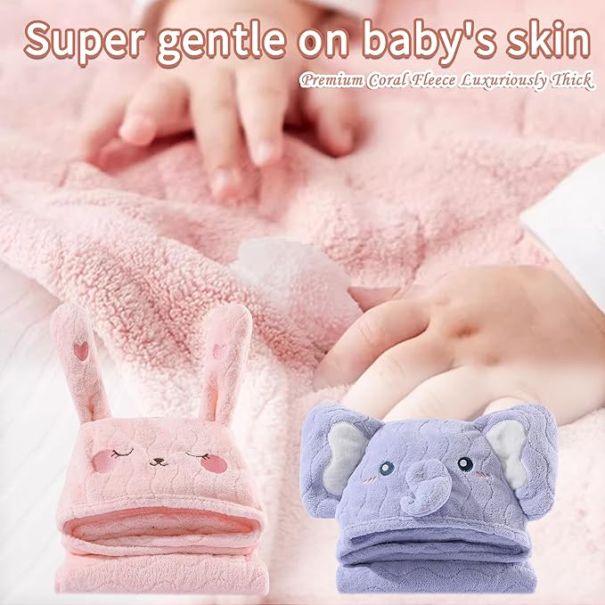2 Pack Hooded Towels for Toddlers - Thick 55" x 27.5" Baby Bath Towel Set for Girls and Boys - Super Absorbent, Age 1-5, Elephant & Rabbit