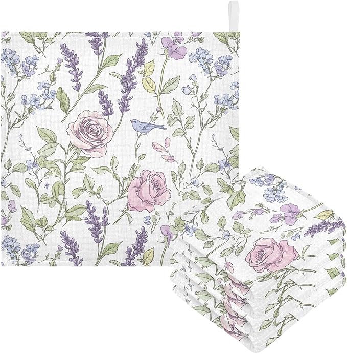 Bolaz Washcloths Set Bathroom Kitchen Wash Cloths Face Towels Wipes Lavender Rose Decorative 12x12 Inch 5 Pack