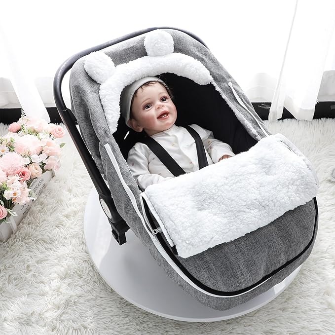 Winter Carseat Cover for Baby Girl Boy, Super Windproof Baby Car Seat Cover Protect Baby from Cold Weather, Plush Fleece Infant Car Seat Cover Canopy, Gray