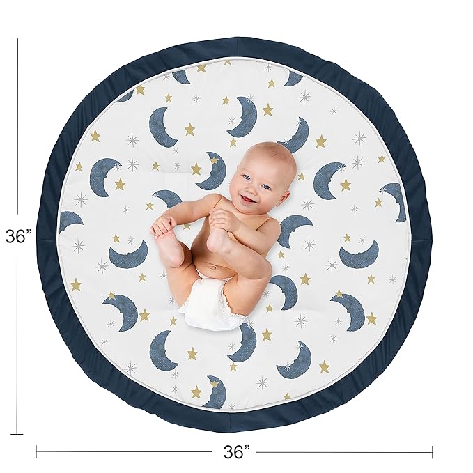 Sweet Jojo Designs Moon and Star Boy or Girl Baby Playmat Tummy Time Infant Play Mat - Navy Blue and Gold Watercolor Celestial Sky Gender Neutral Outer Space Galaxy
