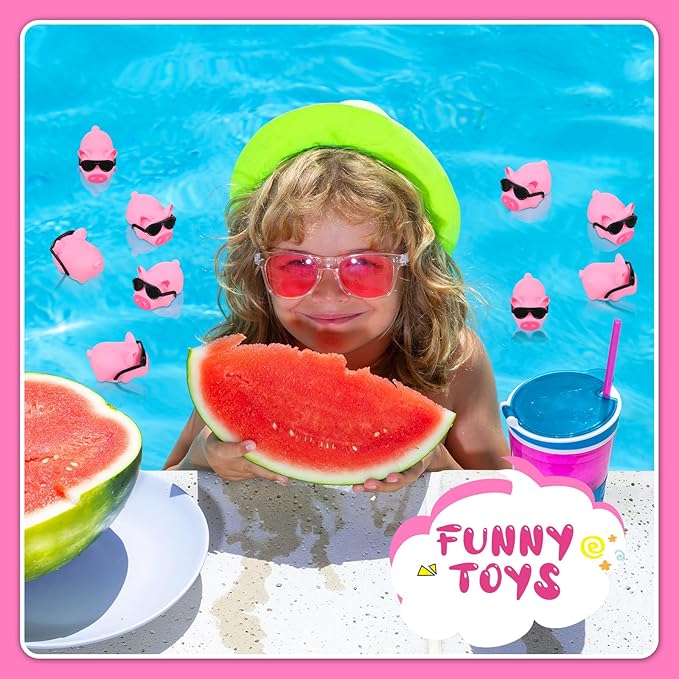 Liliful 200 Sets Mini Rubber Pig Bath Toy with Sunglasses Pink Float and Squeak Pig Bathtub Toys for Baby Shower Halloween Christmas Birthday Party Supplies