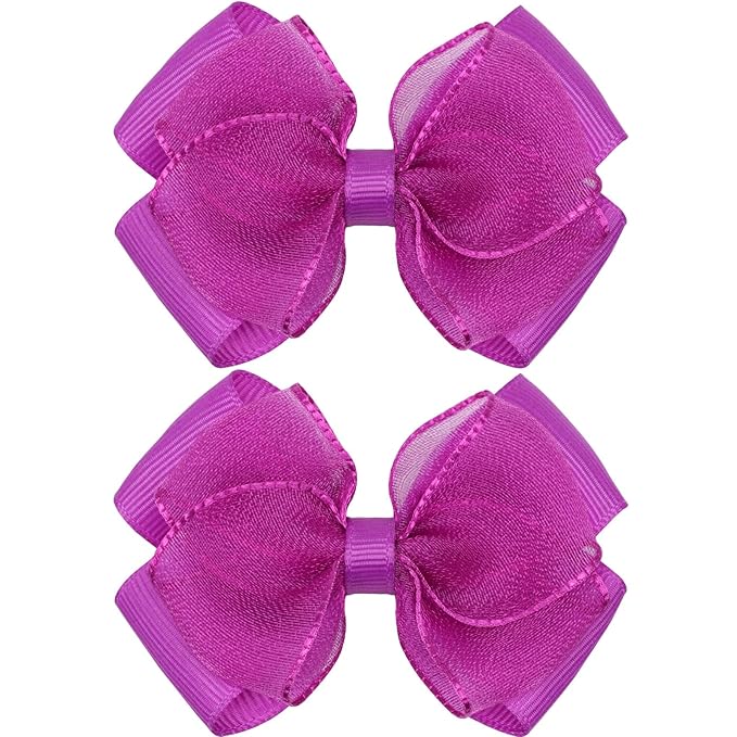 Tiny 3 Inch Organza Double Hair Bow Clips - Lined Boutique Alligator Hairpin for Baby Girls, Toddlers, and Little Teens - Kids Barrettes Set of 2 Small Stylish (Deep Purple)