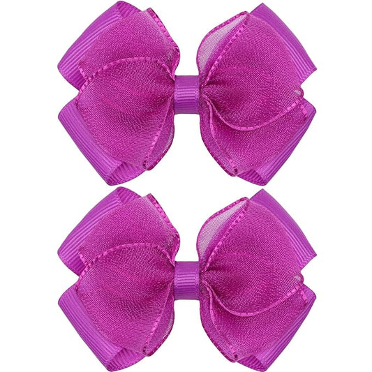 Tiny 3 Inch Organza Double Hair Bow Clips - Lined Boutique Alligator Hairpin for Baby Girls, Toddlers, and Little Teens - Kids Barrettes Set of 2 Small Stylish (Deep Purple)