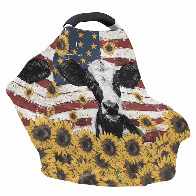 Wanyint US Flag Cow Print Car Seat Covers for Babies Car Seat Canopy for Boys Girls,Windproof Infant Carseat Canopy Cover Nursing Cover for Breastfeeding