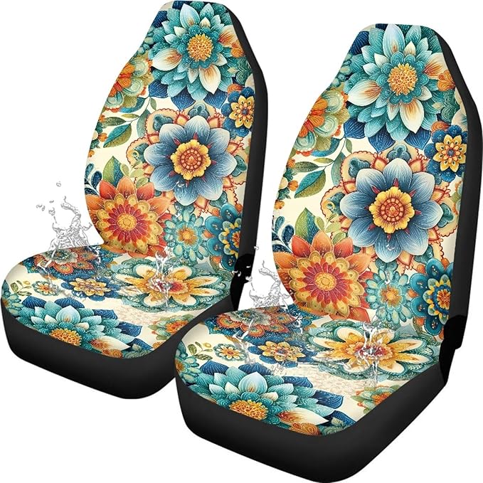 Hippie Flower Car Seat Covers 2 Pcs, Waterproof Universal Front Seat Protector, Easy to Install Automobile Interior Decorate Accessories Universal Fit for Car SUV Trucks