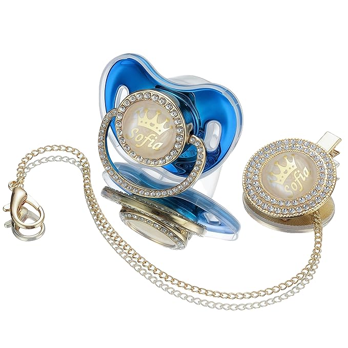 Sparkling Bling Custom Baby Pacifiers and Clips/Holder Kit with Name Personalized with Rhinestones for Boy and Girl Baby Shower (Metallic Blue)