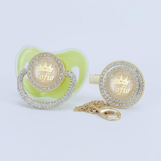 Personalized Name Anniversary All Bling Pacifier and Clip Set Gold Plated New Born Gift Photography No for Daily Use (Green)