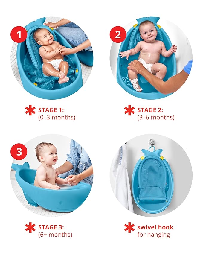 Skip Hop Baby Bath Tub, 3-Stage Smart Sling Tub, Moby, Blue & Baby Bath Rinse Cup, Moby Tear-Free Waterfall Rinser, Blue