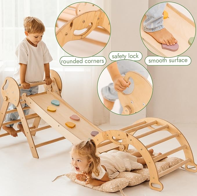 Goodevas 5-in-1 Toddler Climbing Toys Indoor Set - Pikler Triangle, Climbing Arch, Balance Cushion, Montessori Climbing Gym for Toddlers 1-3, Foldable Wooden Baby Activity Center, Jungle Gym for Kids