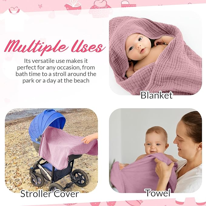 Hahafelt 6 Pcs Muslin Hooded Bath Towels Washcloths and Bibs Set, Muslin Cotton Baby Towels Absorbent Hooded Blanket Towel Infant Bibs for Boys Girls Newborn Infant Essential(Pink,Rose)